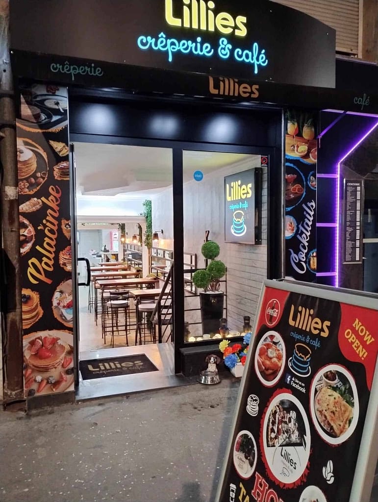 Street view of Lillies Creperie & Café, located at Gavrila Principa 24, Belgrade, Serbia. The cozy and inviting exterior highlights its central location, welcoming visitors to enjoy its delicious Crepes, Pancakes and Palacinke.