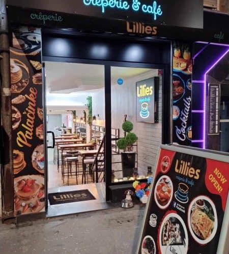 Street view of Lillies Creperie & Café, located at Gavrila Principa 24, Belgrade, Serbia. The cozy and inviting exterior highlights its central location, welcoming visitors to enjoy its delicious Crepes, Pancakes and Palacinke.